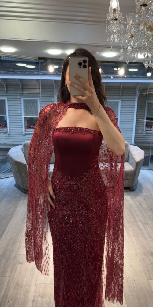 Burgundy Strapless Beaded Evening Gown With Lace Cape