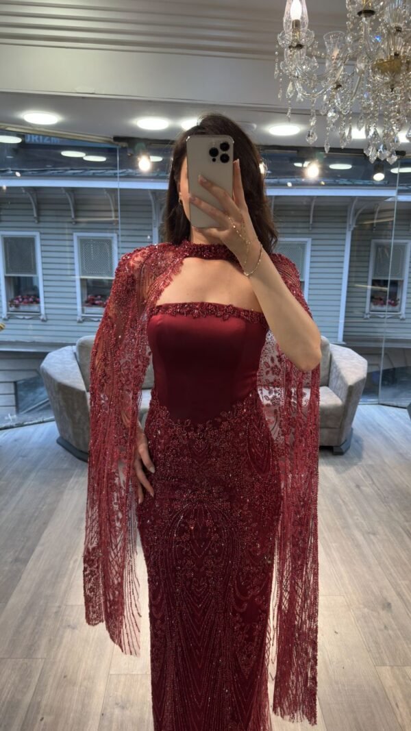 Burgundy Strapless Beaded Evening Gown With Lace Cape