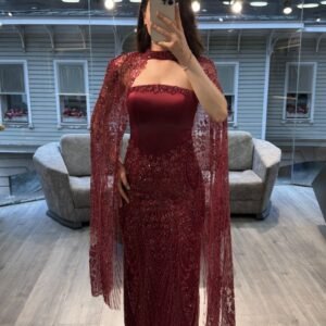 Burgundy Strapless Beaded Evening Gown With Lace Cape
