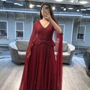 Burgundy V Neck Beaded Chiffon Evening Dress With Cape