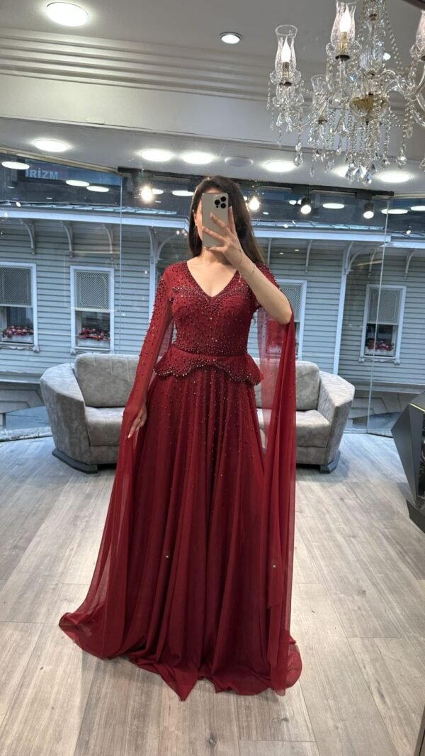 Burgundy V Neck Beaded Chiffon Evening Dress With Cape