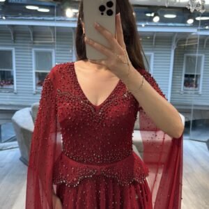 Burgundy V Neck Beaded Chiffon Evening Dress With Cape