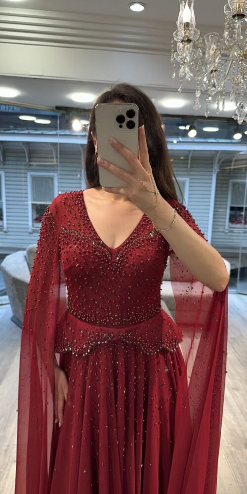 Burgundy V Neck Beaded Chiffon Evening Dress With Cape