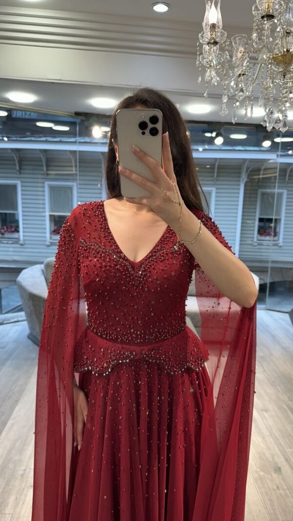 Burgundy V Neck Beaded Chiffon Evening Dress With Cape