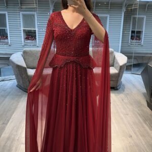 Burgundy V Neck Beaded Chiffon Evening Dress With Cape