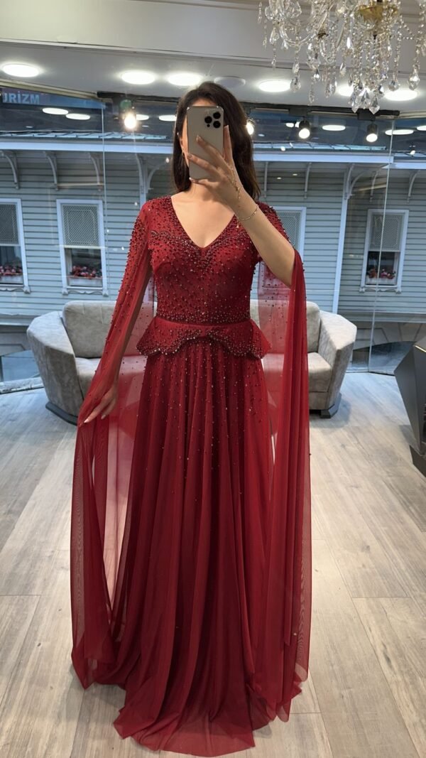 Burgundy V Neck Beaded Chiffon Evening Dress With Cape