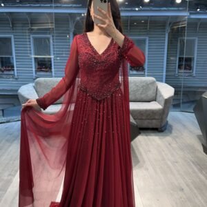 Burgundy V Neck Beaded Chiffon Long Sleeve Evening Dress