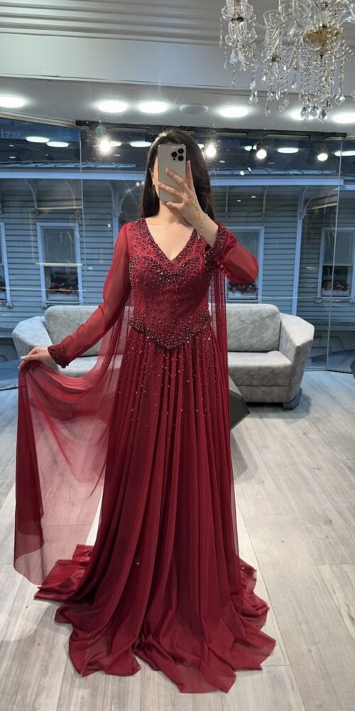 Burgundy V Neck Beaded Chiffon Long Sleeve Evening Dress