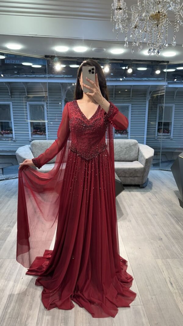 Burgundy V Neck Beaded Chiffon Long Sleeve Evening Dress