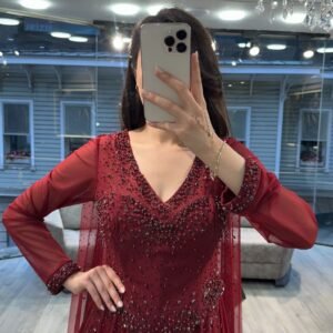 Burgundy V Neck Beaded Chiffon Long Sleeve Evening Dress