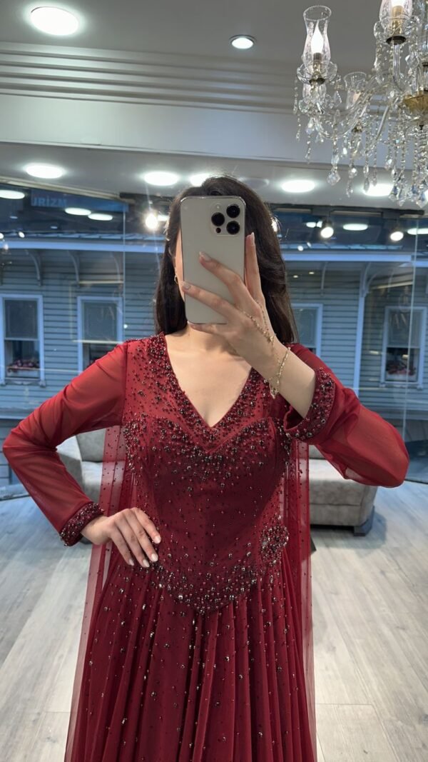 Burgundy V Neck Beaded Chiffon Long Sleeve Evening Dress
