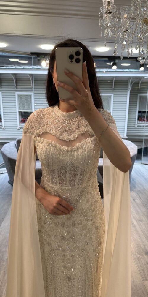Champagne Beaded Evening Gown With Chiffon Cape Sleeves Champagne Beaded Evening Gown With Chiffon Cape Sleeves