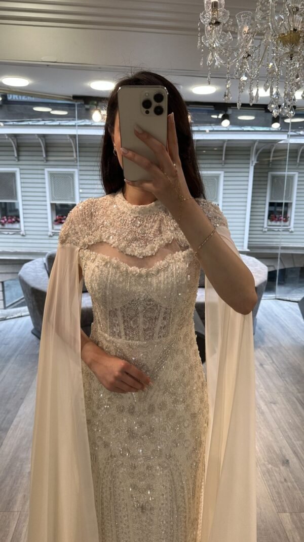 Champagne Beaded Evening Gown With Chiffon Cape Sleeves Champagne Beaded Evening Gown With Chiffon Cape Sleeves
