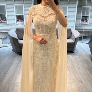 Champagne Beaded Evening Gown With Chiffon Cape Sleeves Champagne Beaded Evening Gown With Chiffon Cape Sleeves