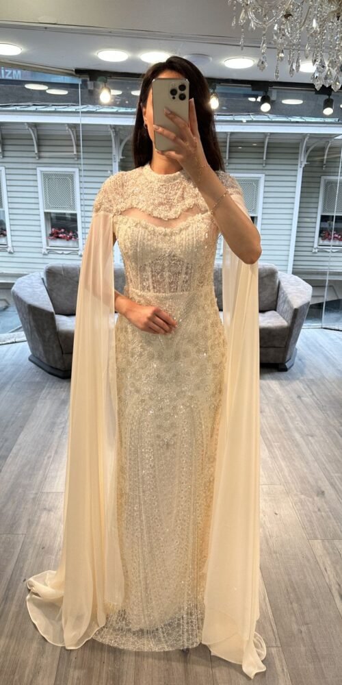 Champagne Beaded Evening Gown With Chiffon Cape Sleeves