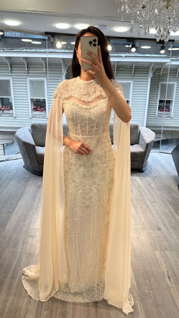 Champagne Beaded Evening Gown With Chiffon Cape Sleeves Champagne Beaded Evening Gown With Chiffon Cape Sleeves