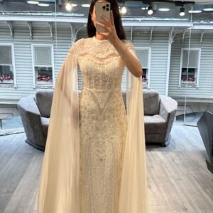 Champagne Beaded Evening Gown With Chiffon Cape Sleeves Champagne Beaded Evening Gown With Chiffon Cape Sleeves