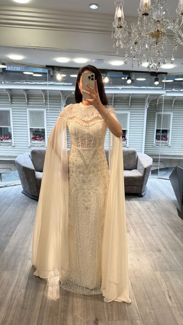 Champagne Beaded Evening Gown With Chiffon Cape Sleeves Champagne Beaded Evening Gown With Chiffon Cape Sleeves