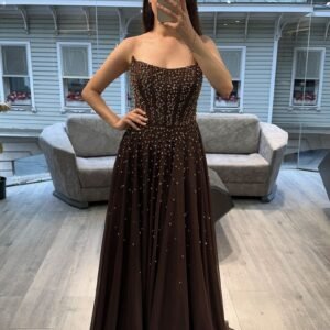 Chocolate Brown Strapless Beaded Chiffon Evening Gown With Cape Chocolate Brown Strapless Beaded Chiffon Evening Gown With Cape