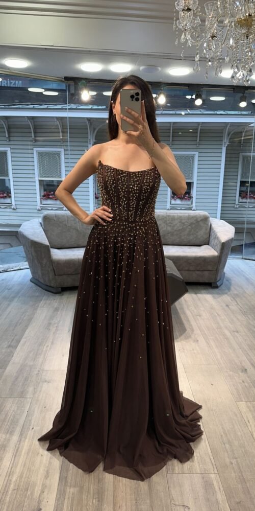 Chocolate Brown Strapless Beaded Chiffon Evening Gown With Cape