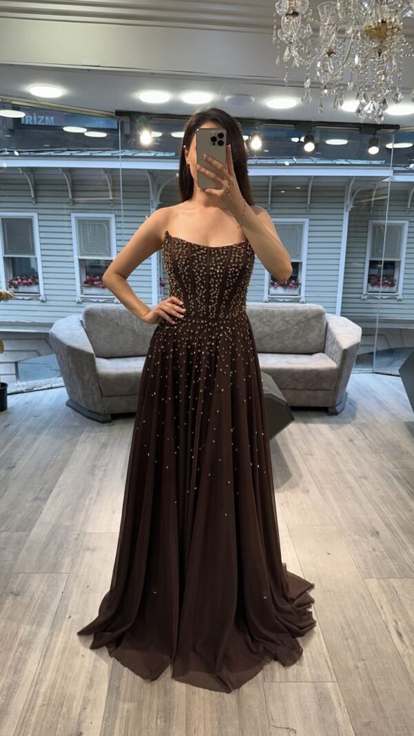 Chocolate Brown Strapless Beaded Chiffon Evening Gown With Cape Chocolate Brown Strapless Beaded Chiffon Evening Gown With Cape