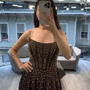 Chocolate Brown Strapless Beaded Chiffon Evening Gown With Cape Chocolate Brown Strapless Beaded Chiffon Evening Gown With Cape