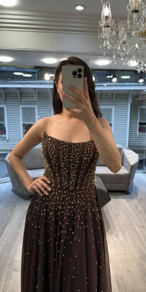 Chocolate Brown Strapless Beaded Chiffon Evening Gown With Cape