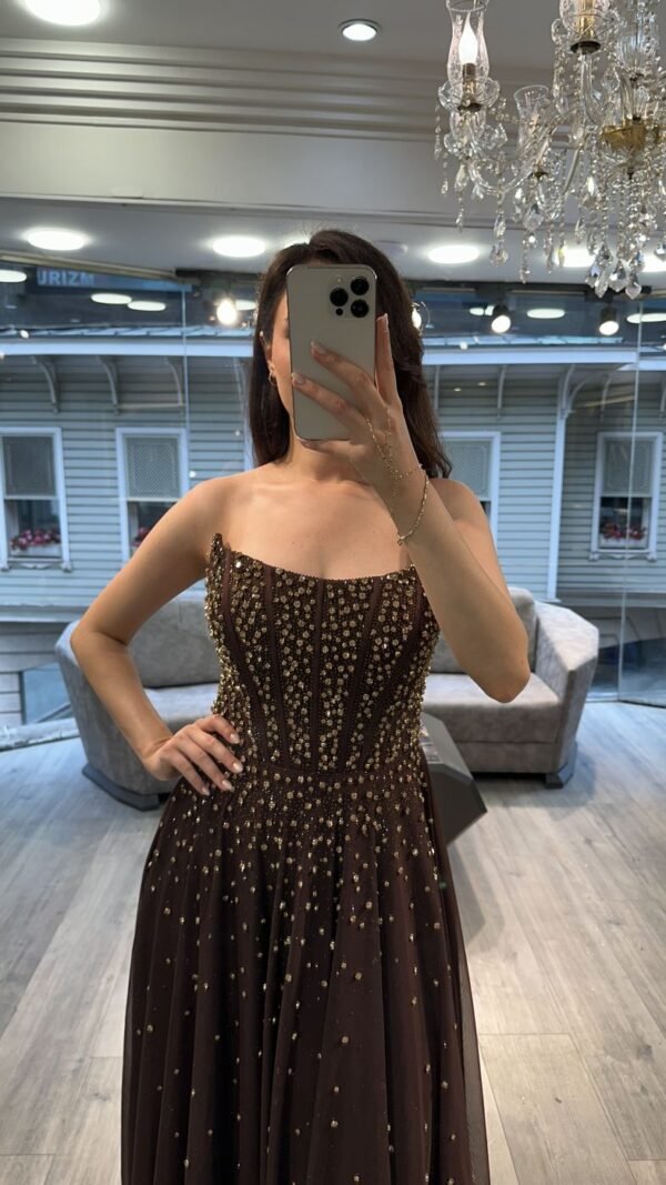 Chocolate Brown Strapless Beaded Chiffon Evening Gown With Cape Chocolate Brown Strapless Beaded Chiffon Evening Gown With Cape