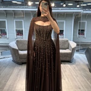 Chocolate Brown Strapless Beaded Chiffon Evening Gown With Cape Chocolate Brown Strapless Beaded Chiffon Evening Gown With Cape