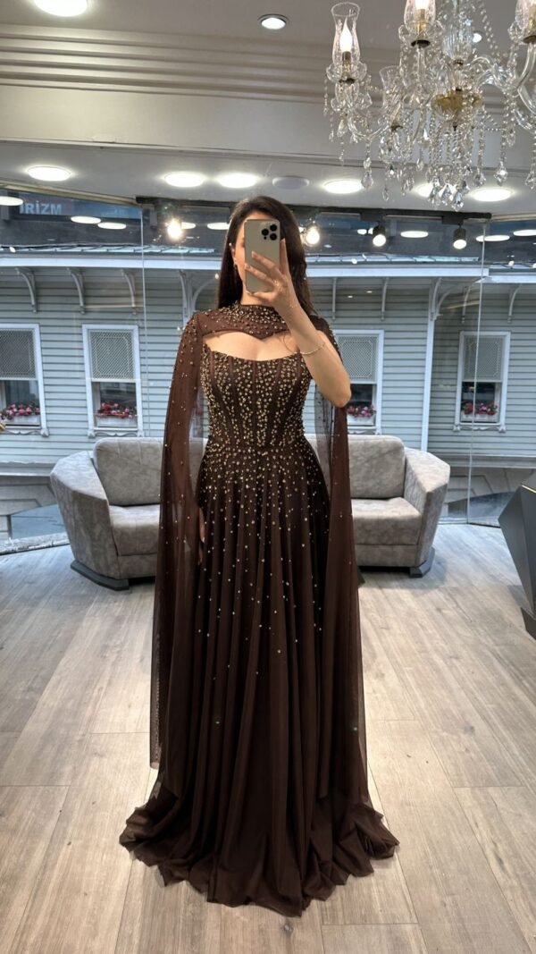 Chocolate Brown Strapless Beaded Chiffon Evening Gown With Cape Chocolate Brown Strapless Beaded Chiffon Evening Gown With Cape