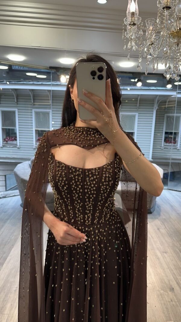 Chocolate Brown Strapless Beaded Chiffon Evening Gown With Cape Chocolate Brown Strapless Beaded Chiffon Evening Gown With Cape