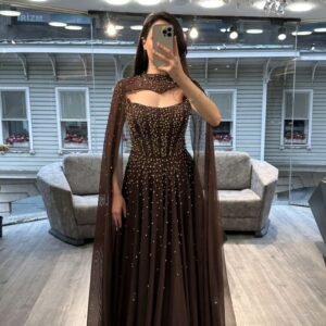 Chocolate Brown Strapless Beaded Chiffon Evening Gown With Cape Chocolate Brown Strapless Beaded Chiffon Evening Gown With Cape