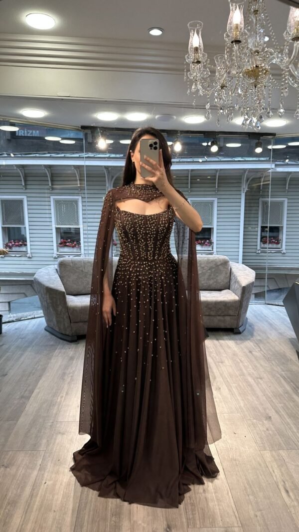 Chocolate Brown Strapless Beaded Chiffon Evening Gown With Cape Chocolate Brown Strapless Beaded Chiffon Evening Gown With Cape