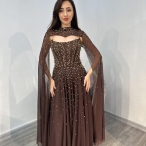 Chocolate Brown Strapless Beaded Chiffon Evening Gown With Cape Chocolate Brown Strapless Beaded Chiffon Evening Gown With Cape