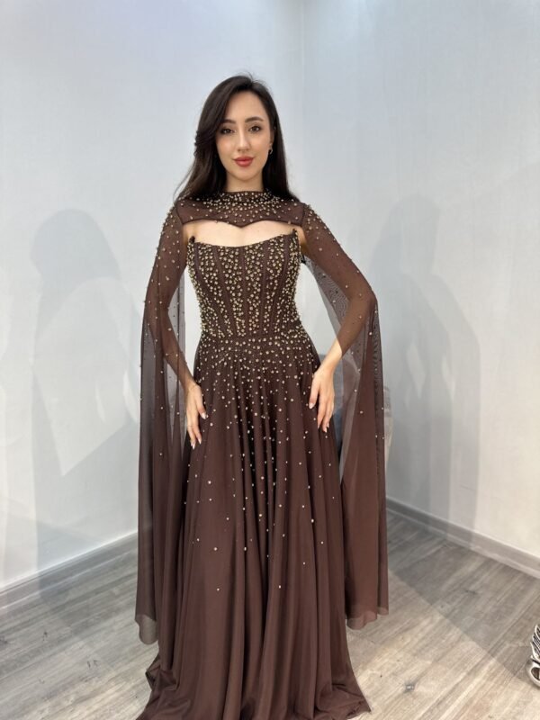Chocolate Brown Strapless Beaded Chiffon Evening Gown With Cape Chocolate Brown Strapless Beaded Chiffon Evening Gown With Cape