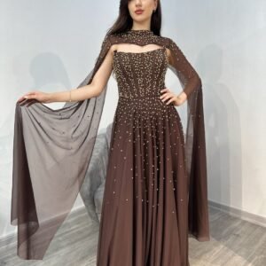 Chocolate Brown Strapless Beaded Chiffon Evening Gown With Cape Chocolate Brown Strapless Beaded Chiffon Evening Gown With Cape