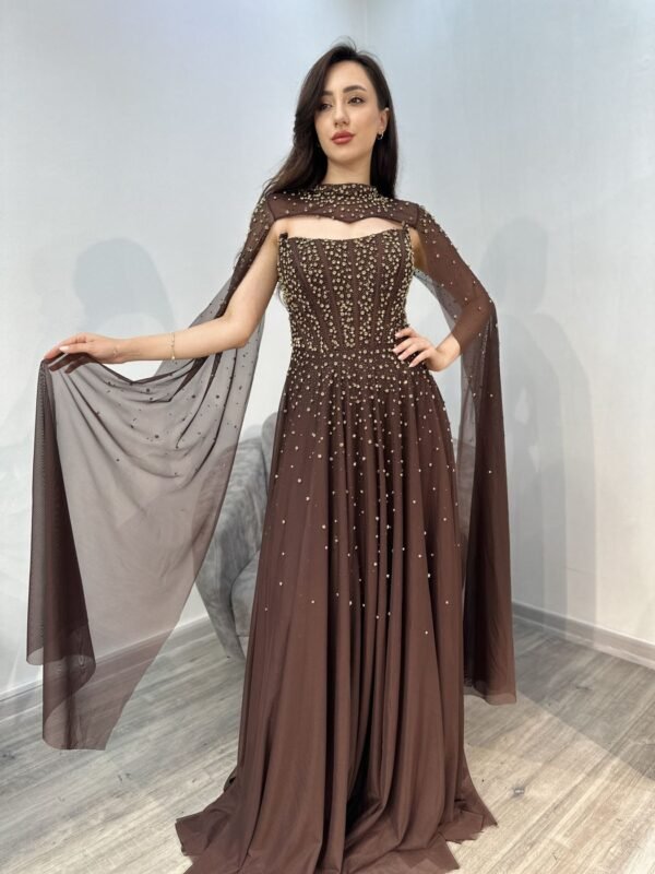 Chocolate Brown Strapless Beaded Chiffon Evening Gown With Cape Chocolate Brown Strapless Beaded Chiffon Evening Gown With Cape