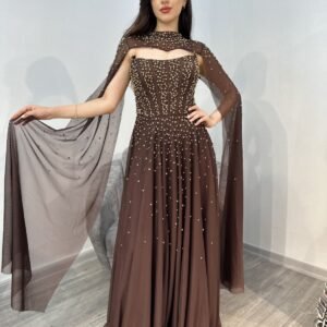 Chocolate Brown Strapless Beaded Chiffon Evening Gown With Cape Chocolate Brown Strapless Beaded Chiffon Evening Gown With Cape