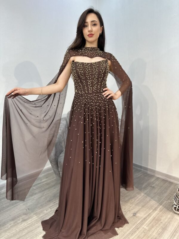 Chocolate Brown Strapless Beaded Chiffon Evening Gown With Cape Chocolate Brown Strapless Beaded Chiffon Evening Gown With Cape