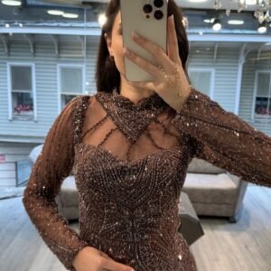 Copper Brown Long Sleeve Beaded Evening Dress Copper Brown Long Sleeve Beaded Evening Dress