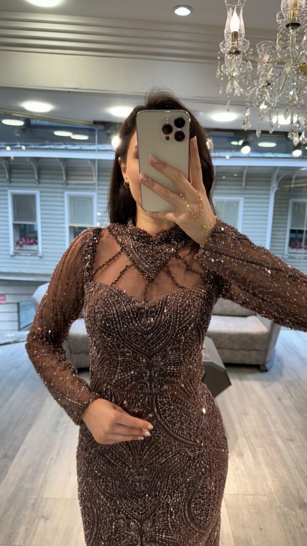 Copper Brown Long Sleeve Beaded Evening Dress Copper Brown Long Sleeve Beaded Evening Dress