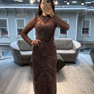 Copper Brown Long Sleeve Beaded Evening Dress Copper Brown Long Sleeve Beaded Evening Dress