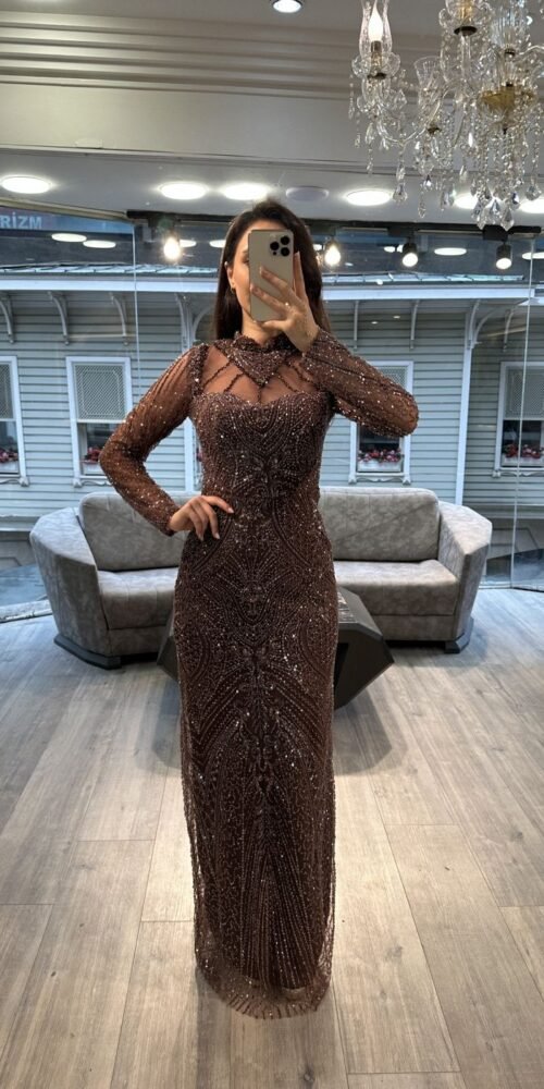 Copper Brown Long Sleeve Beaded Evening Dress