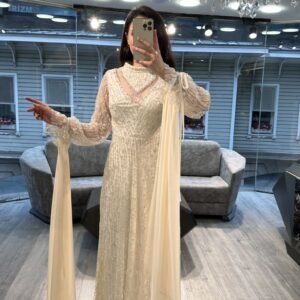Cream Beaded Evening Dress With Sheer Balloon Sleeves