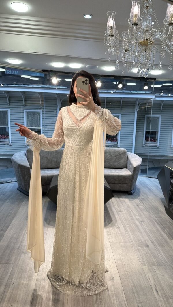 Cream Beaded Evening Dress With Sheer Balloon Sleeves