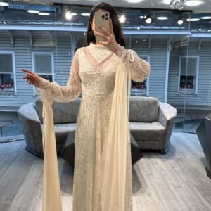 Cream Beaded Evening Dress With Sheer Balloon Sleeves
