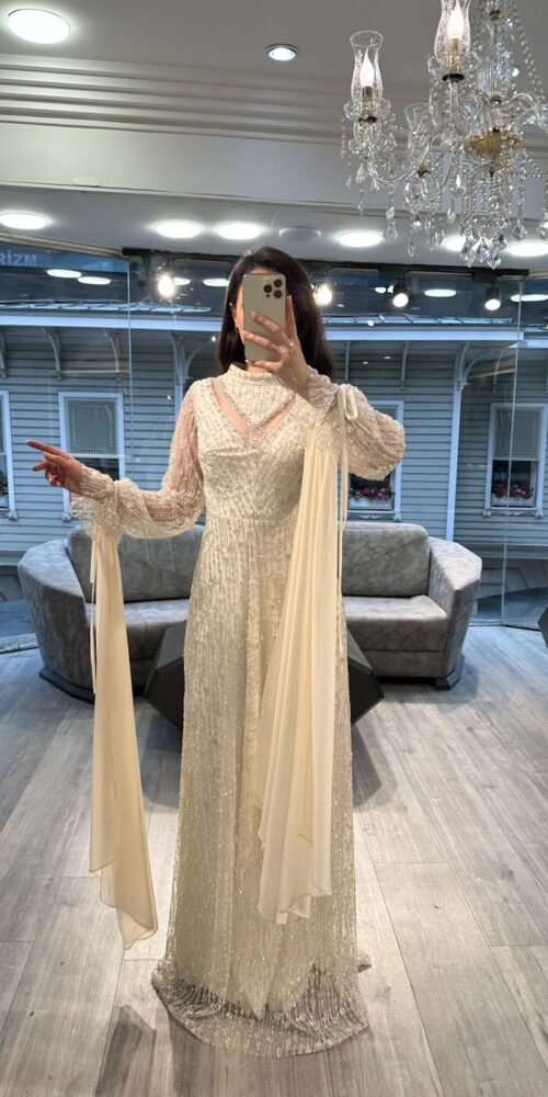 Cream Beaded Evening Dress With Sheer Balloon Sleeves