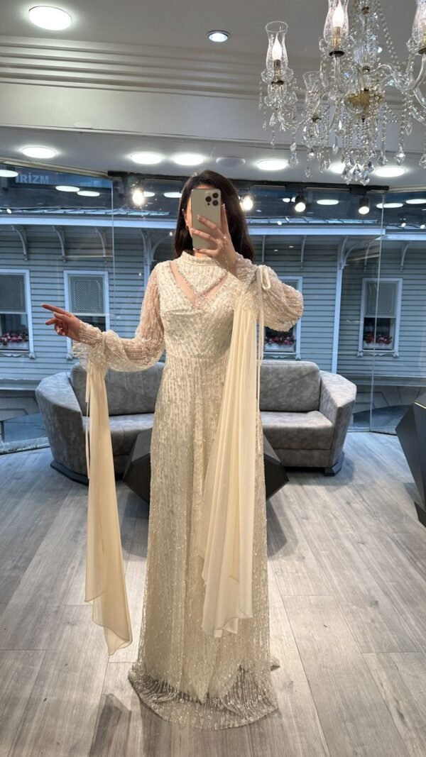 Cream Beaded Evening Dress With Sheer Balloon Sleeves