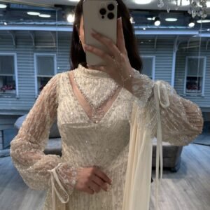 Cream Beaded Evening Dress With Sheer Balloon Sleeves