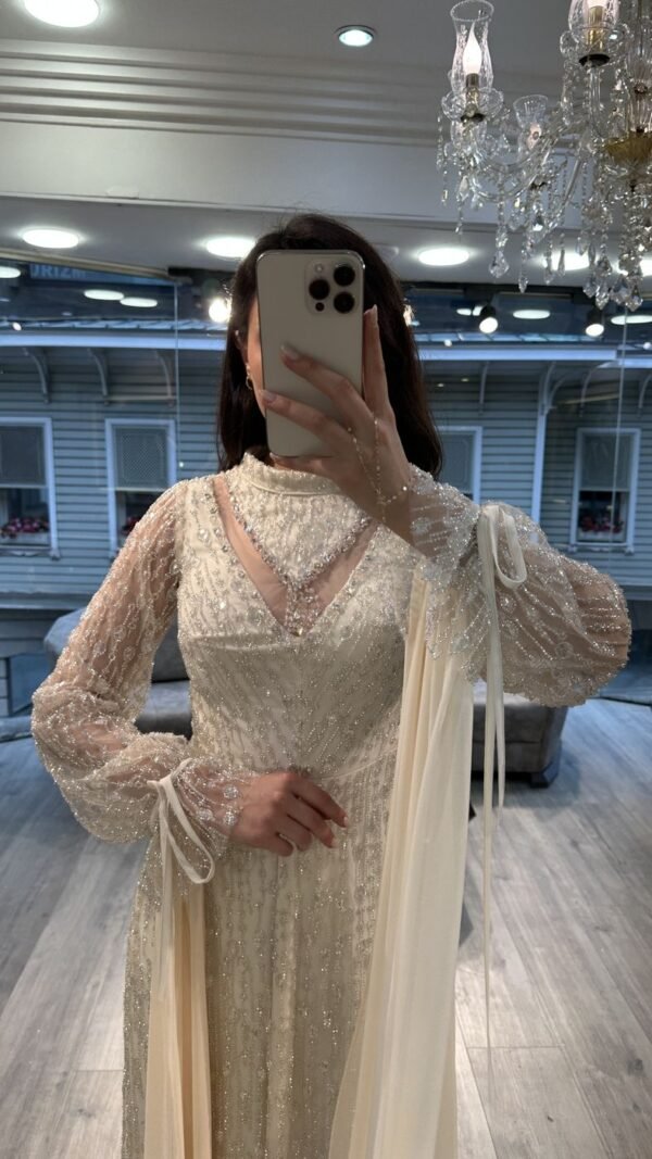 Cream Beaded Evening Dress With Sheer Balloon Sleeves